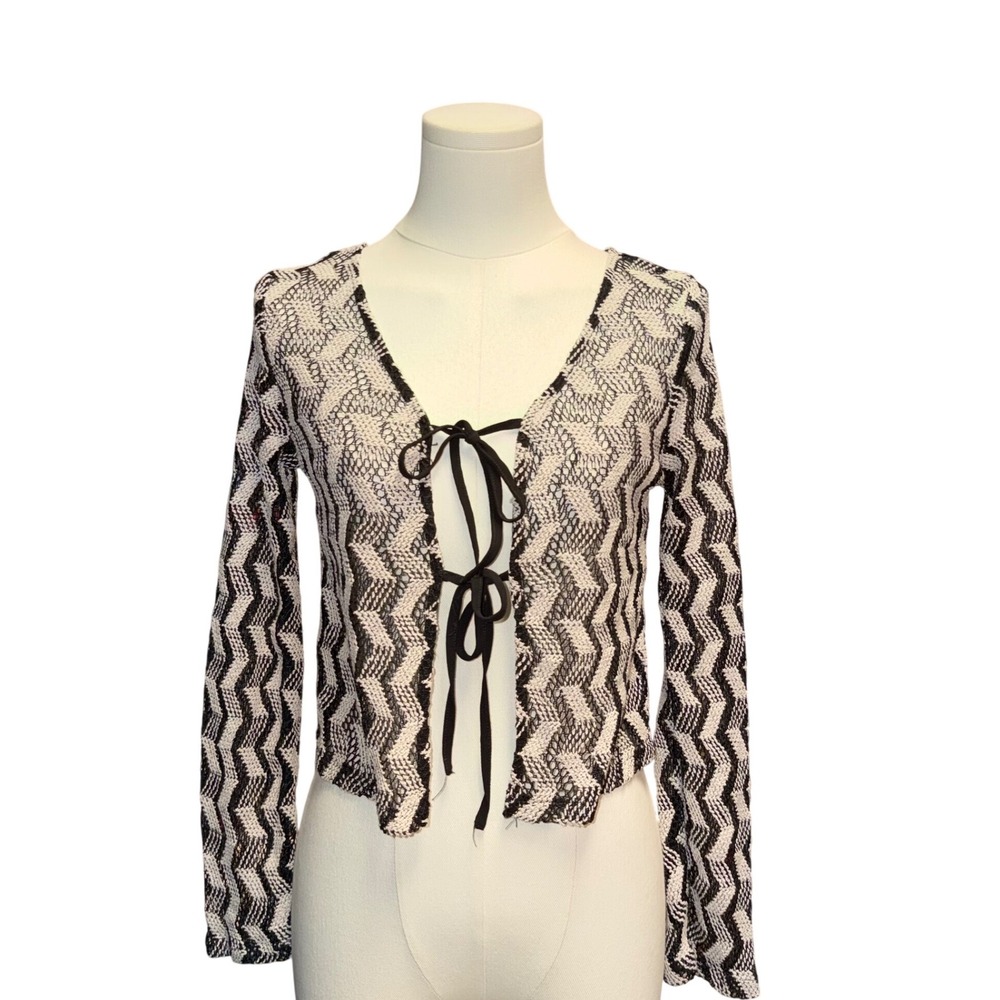 Next Knit Cardigan Womens XS Black White Chevron Tie Front Cropped D86-894-023
